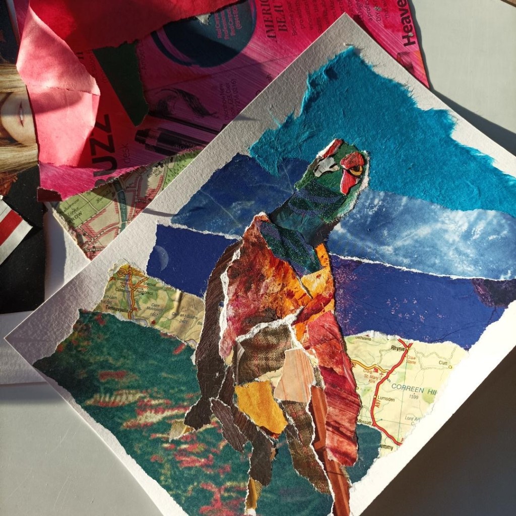 A collaged painting of a pheasant using found papers, maps, wrapping papers, Tesco magazines